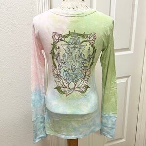 Vintage Ankh Royalty Multicolor Tie-Dye L/S Tee w/Rhinestone Studded Ganesha - L